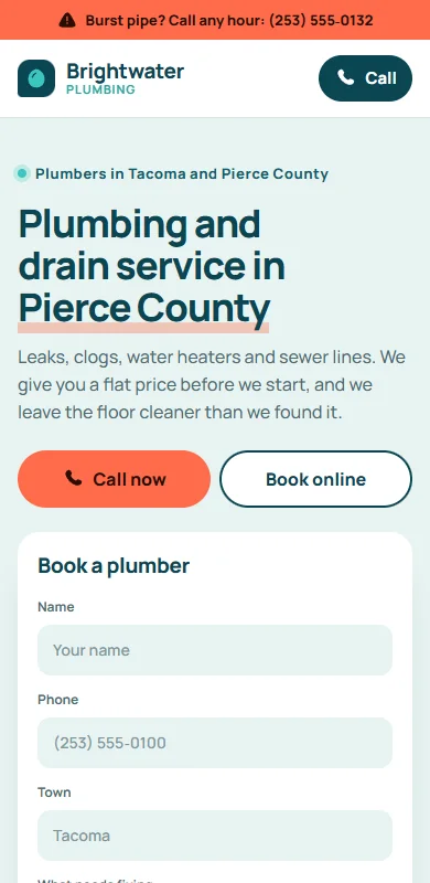 Sample phone homepage for Brightwater Plumbing, a made up company