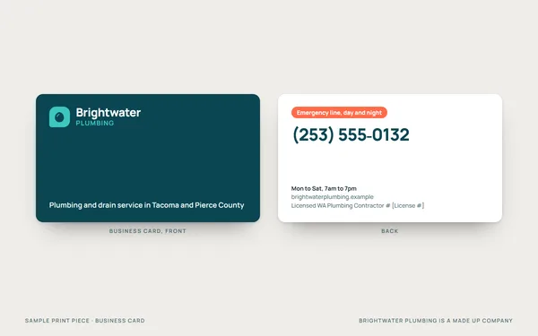 A business card for Brightwater Plumbing, a made up company, front and back
