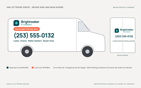 Van lettering proof for Brightwater Plumbing, a made up company