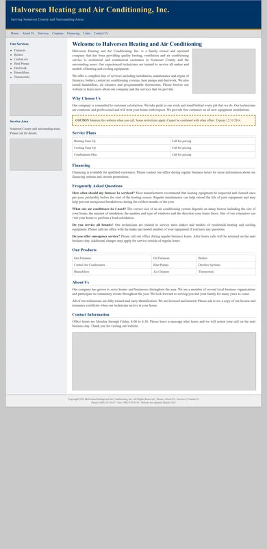 Sample of a dated homepage for a made up heating company, shrunk onto a phone: tiny text and no call button