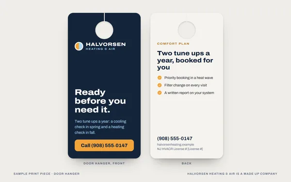 A door hanger for Halvorsen Heating and Air, a made up company, front and back