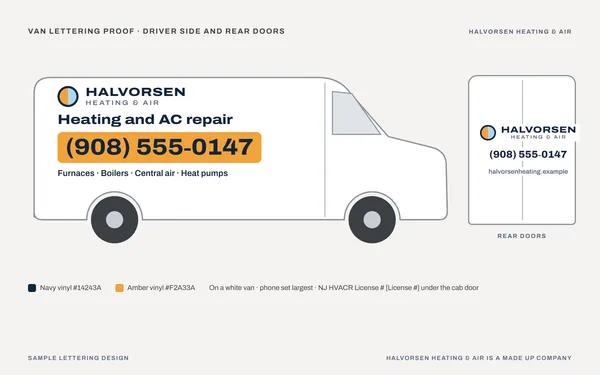Van lettering proof for Halvorsen Heating and Air, a made up company