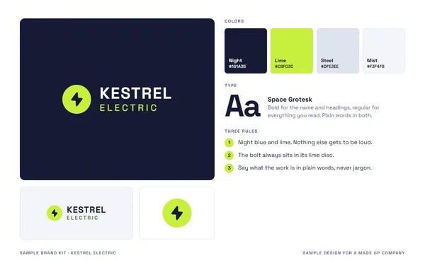 Brand kit for Kestrel Electric, a made up company: logo, colors, type and three rules