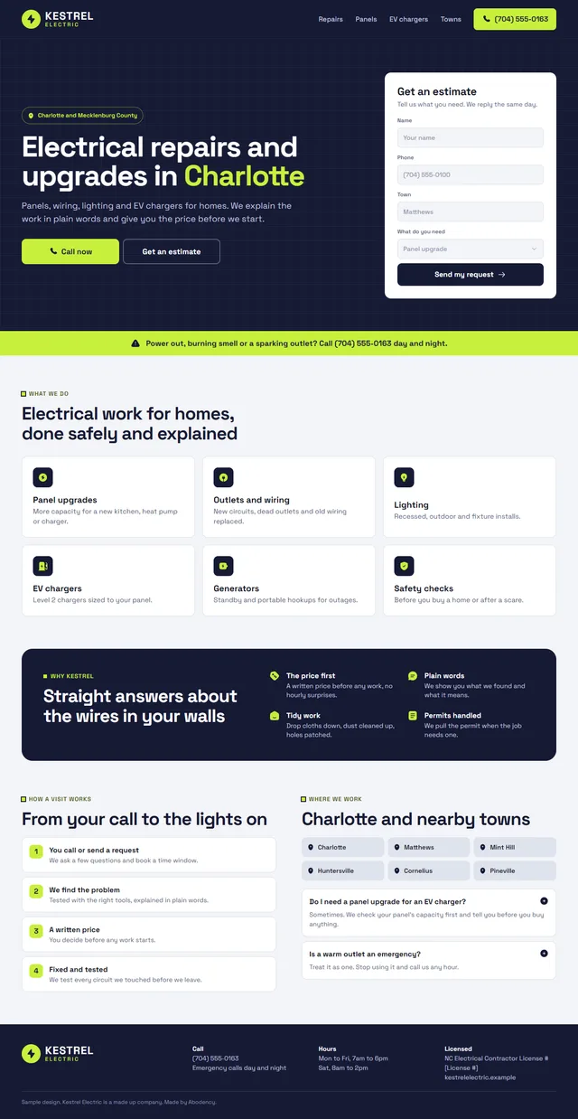 Full sample homepage for Kestrel Electric, a made up electrical company