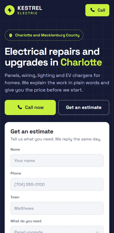 The same sample homepage for Kestrel Electric on a phone
