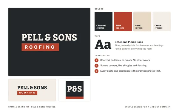 Brand kit for Pell and Sons Roofing, a made up company: logo, colors, type and three rules