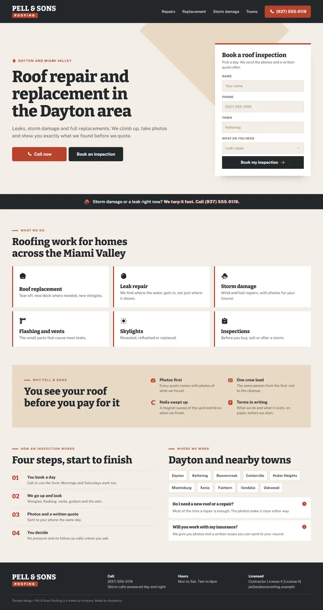 Full sample homepage for Pell and Sons Roofing, a made up roofing company
