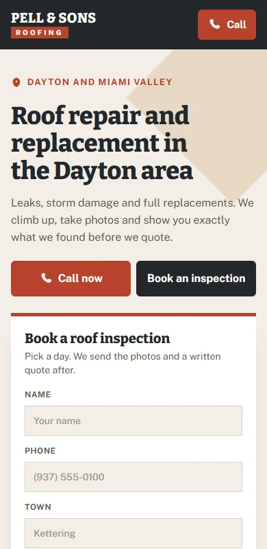 Sample phone homepage for Pell and Sons Roofing, a made up company