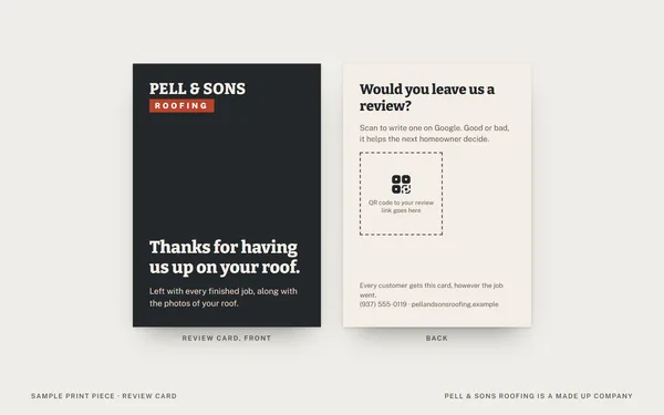 A review card for Pell and Sons Roofing, a made up company, front and back